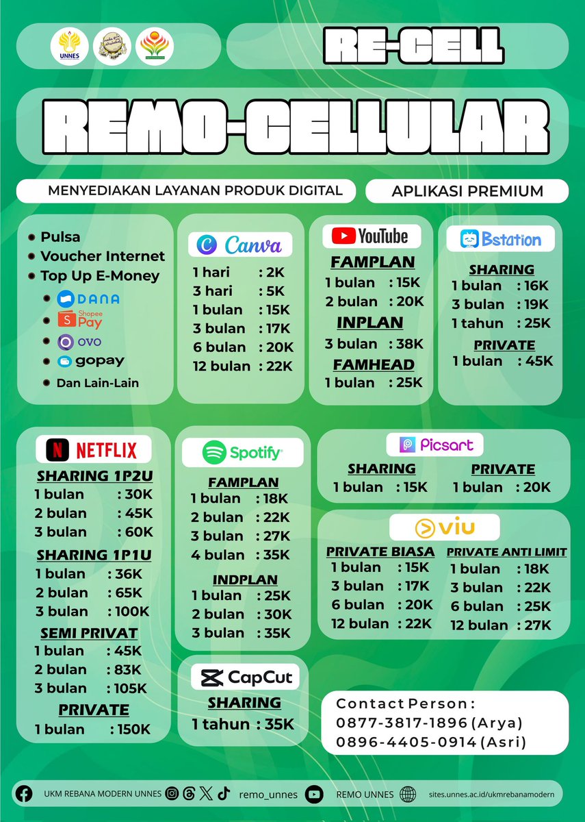 remo_unnes's tweet photo. [REMO CELL]

Re-Cell menyediakan:
🪄Pulsa all operator
🪄Voucher kuota all operator
🪄Token listrik
🪄 Top up dompet digital
🪄 Aplikasi premium

#Kwhremo2024
#RebanaModern_Unnes
#KabinetAngudiTambahingBerkah
#CintaIndonesiaCintaSholawat
#SemangatRemo2024 https://t.co/1LAlS9lcsz