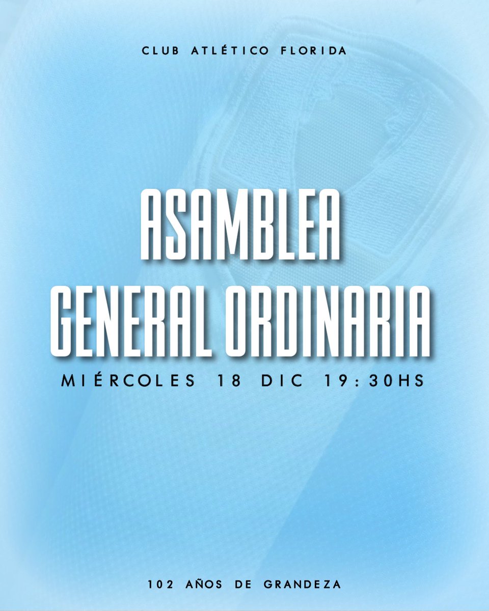 AtleticoFlorida's tweet photo. Este miércoles en nuestra sede social los esperamos a nuestros socios, 
En esta instancia se tratarán temas fundamentales para la vida del club, como la memoria y balance anual, entre otros puntos del orden del día.

Comisión Directiva
Club Atlético Florida https://t.co/2Wyz1GcyGT