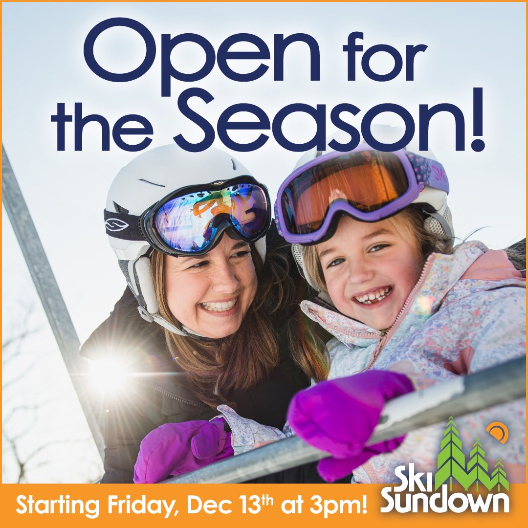 Ski Sundown will officially be Open for the Season on Friday, Dec. 13th from 3pm-10pm. We have 11 trails available for skiing and snowboarding, serviced by 5 lifts…including our New Skytrac Quad! Ski Sundown will also be open from 8am-10pm on Saturday and Sunday.