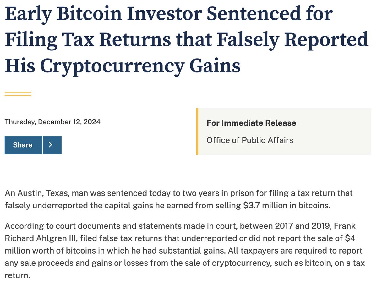 JUST IN: 🇺🇸 US DOJ sentences #Bitcoin investor to prison for  underreporting capital gains from selling $3.7 million in BTC.