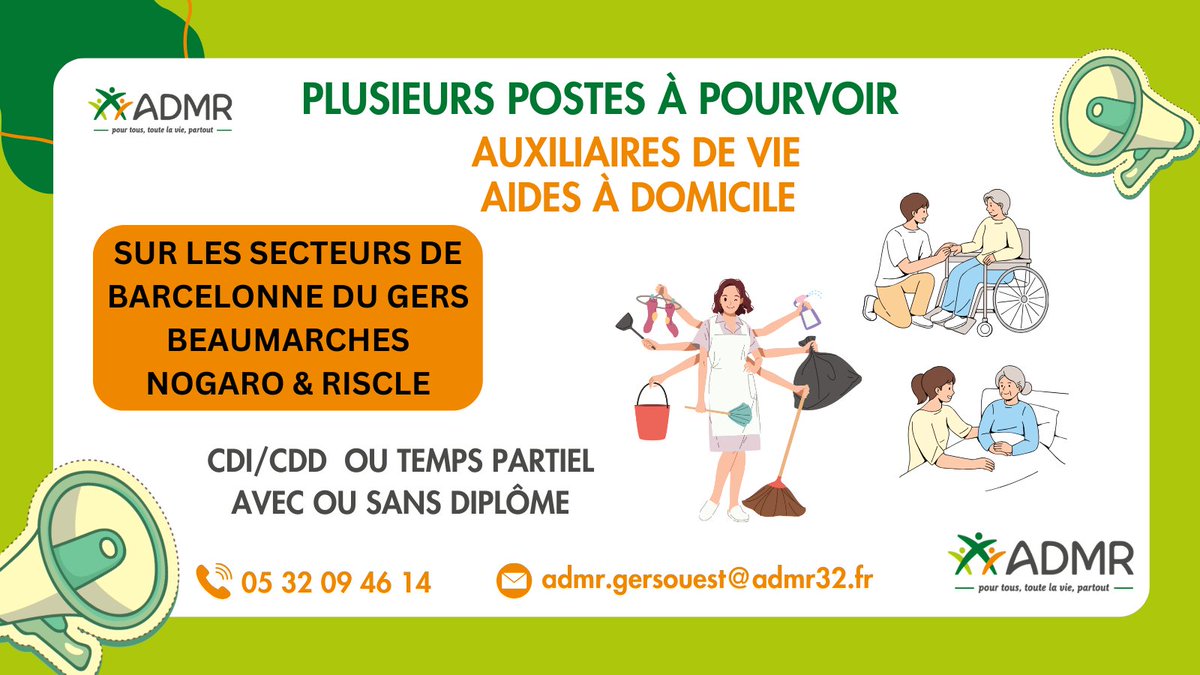 ‼️📣 Plusieurs postes d'aides à domicile (H/F) et d'auxiliaires de vie (H/F) à pourvoir sur les secteurs :
Barcelonne su Gers Beaumarchés Nogaro Riscle
CDI/CDD ou Temps partiel
Avec ou sans diplôme
  05 32 09 46 14/ admr.gersouest@admr32.fr
<a href="/ADMRun/">ADMR</a>  @LeGers32  <a href="/FranceTravail/">France Travail</a>
