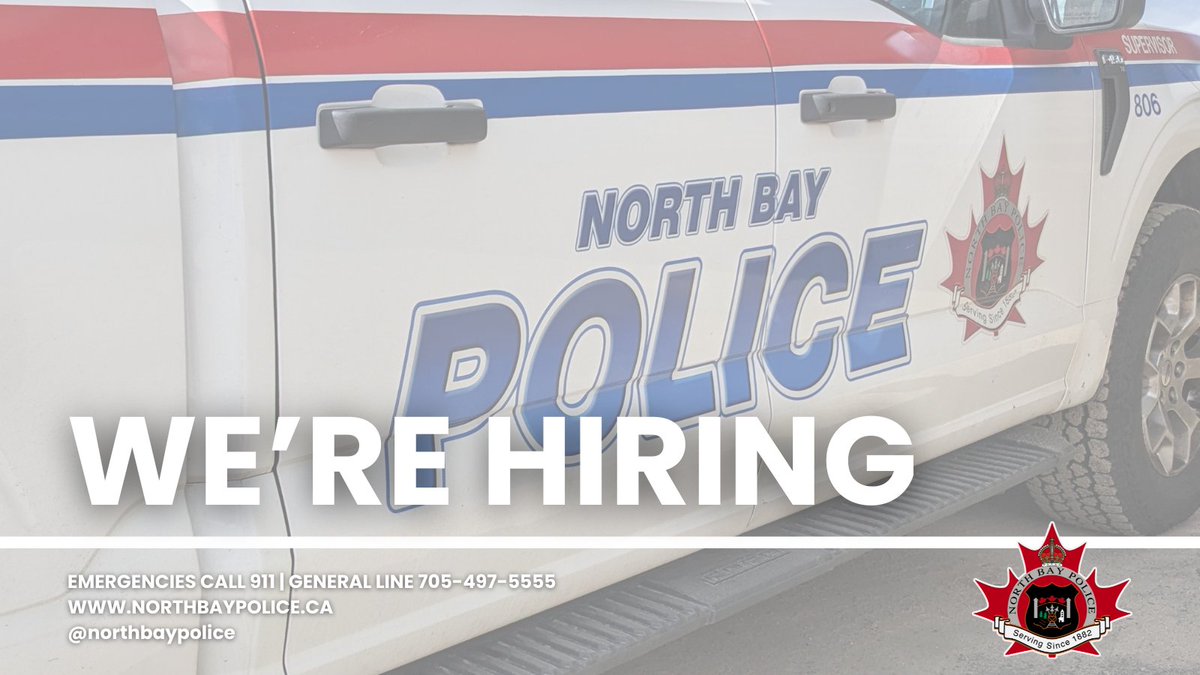 NorthBayPolice's tweet photo. We're Hiring! The #NorthBay #Police Service is currently looking for qualified applicants for the roles of Custodian and Digital Forensics Examiner. 

Full details including job description, requirements, and application process available on our website https://t.co/jUB15YSRr2 https://t.co/M15o6Nk8zl