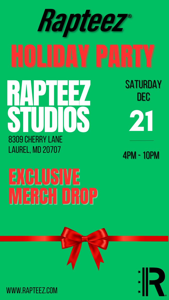 Next Saturday, Dec 21st, we’re throwing our first-ever Rapteez Holiday Party from 4-10 PM at Rapteez Studios. 🎉 Pull up!