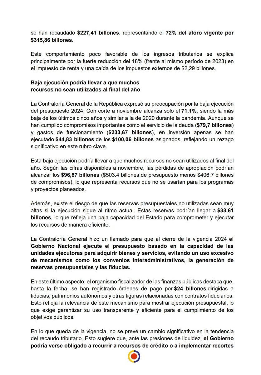 CGR_Colombia's tweet photo. La Contraloría General de la República alerta sobre la baja ejecución del Presupuesto 2024 y el déficit en el recaudo tributario, y advierte la necesidad de ajustes fiscales y uso eficiente de los recursos públicos. #NuestroControl https://t.co/JknRVvKw9s