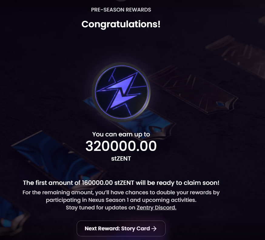Cryptokuroing's tweet photo. OK, I just got some free time now. So I want to write a full post about the reward I received. 

Today I got a Nexus pre-season reward from @zentry Previously I never do a content or write any thing to my X. But I really like Zentry and they have a new product about SocialFI. That time I think I know a lot of Zentry insight, Some leak and I think I understand what Zentry doing quiet well. So I decide to join Nexus and share what I know to people.

I didn't hope any big reward from pre-season before. Just thought maybe it a bonus reward when Nexus SS1 open. But today I got 320,000 $stZENT that very huge value for me. Just for now value it equal ~8,600$ and Zentry Zuper cycle is on a way in this month. So if the price of $ZENT hit 0.1$ this reward will be value around 30,000$ that the most of value airdrop I got in Crypto space.

In crypto space, there are always have a chance to get reward to you. Just find and grab the chance. This just starting of what Zentry doing. So it not too late to study and join Zentry Zyper Cycle. Follow me I will share what they doing to all of you. 

And lastly, I want to say thank you to @jarindr and Zentry's team that always work so hard and deliver some new thing to gamer whole space. Can't wait to see the revolution of gaming future. ZENT IT⚡️
#Zentry