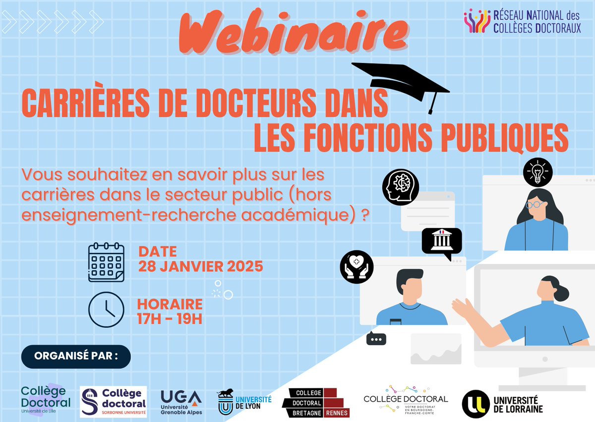 Save the date : Webinaire "Carrières de Docteurs dans les Fonctions Publiques" 📢 

📅 Quand ?
Le 28 janvier de 17h à 19h

🌐 Où ?
En ligne sur Teams

#doctorat #docteur #webinaire #fonctionpublique #carrière #rncd 
linkedin.com/posts/rncd-fra…