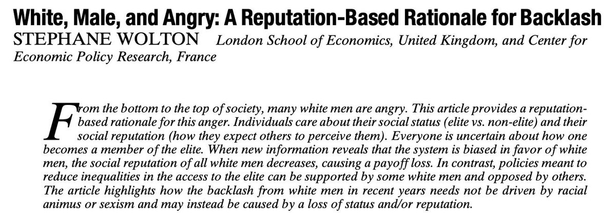 Just published on APSR First View: "White, Male, and Angry: A Reputation-Based Rationale for Backlash" by Stephane Wolton. cambridge.org/core/journals/…