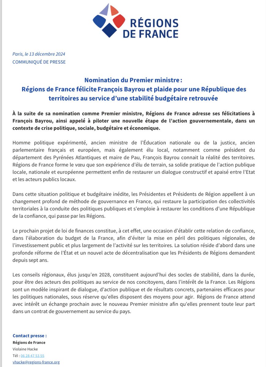 Regionsdefrance's tweet photo. Réaction des @Regionsdefrance à la nomination de François @bayrou Premier ministre : félicitations, et appel à une République des territoires au service d’un budget pour la France ⤵️ https://t.co/Y4LEJRRCuv