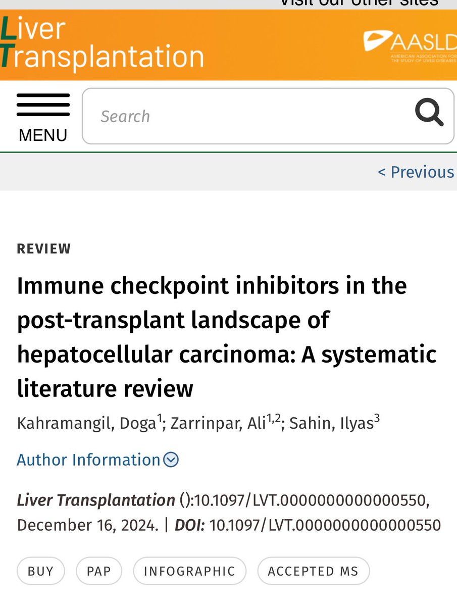 ilyassahinMD's tweet image. Excited to share our new publication in @LTxJournal *: “Immune Checkpoint Inhibitors in the Post-Transplant Landscape of Hepatocellular Carcinoma: A Systematic Literature Review.” 

A special congratulations to our first author, @dogakahramangil 
a talented resident and promising…