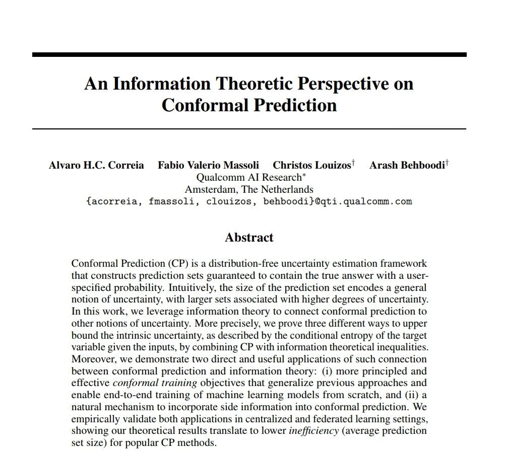 Arash Behboodi (@behboodiarash) on Twitter photo Conformal prediction is doing list decoding. Want to know more? Check out our poster today at #NeurIPS2024, from 4:30 to 7:30, East hall. <a href="/ahc_correia/">Alvaro Correia</a> will present our work on an information theoretic approach to conformal prediction! I will be around too! Conformal prediction is doing list decoding. Want to know more? Check out our poster today at #NeurIPS2024, from 4:30 to 7:30, East hall. <a href="/ahc_correia/">Alvaro Correia</a> will present our work on an information theoretic approach to conformal prediction! I will be around too!