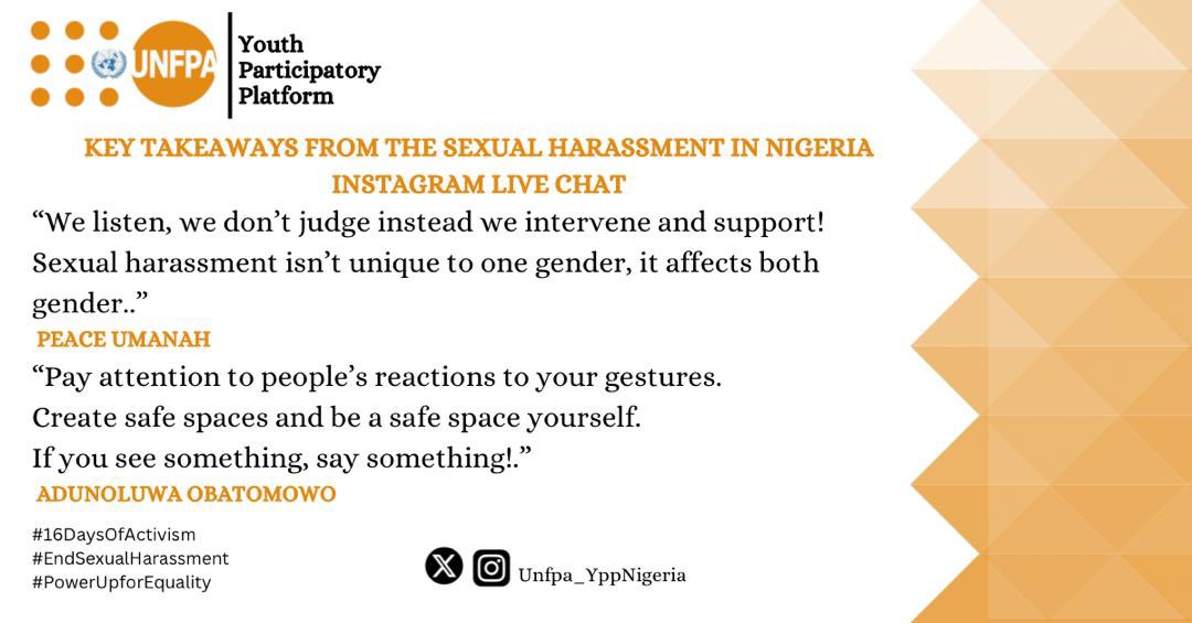 Agnes Edor (@edoragnes) on Twitter photo Yesterday's live event on 'Sexual Harassment in Nigeria: Challenges and Solutions' was just the beginning. Stay tuned for more updates, insights, and actions you can take to help create a culture of consent and respect.
<a href="/UNFPANigeria/">UNFPA Nigeria</a>
#endsexualharassment
#powerupequality Yesterday's live event on 'Sexual Harassment in Nigeria: Challenges and Solutions' was just the beginning. Stay tuned for more updates, insights, and actions you can take to help create a culture of consent and respect.
<a href="/UNFPANigeria/">UNFPA Nigeria</a>
#endsexualharassment
#powerupequality