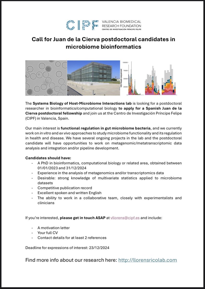 Have you recently finished your PhD in #bioinformatics and would like to join a young and dynamic lab to study functional regulation in the gut microbiota? We’re looking for candidates for the upcoming Juan de la Cierva call. See description and requirements below