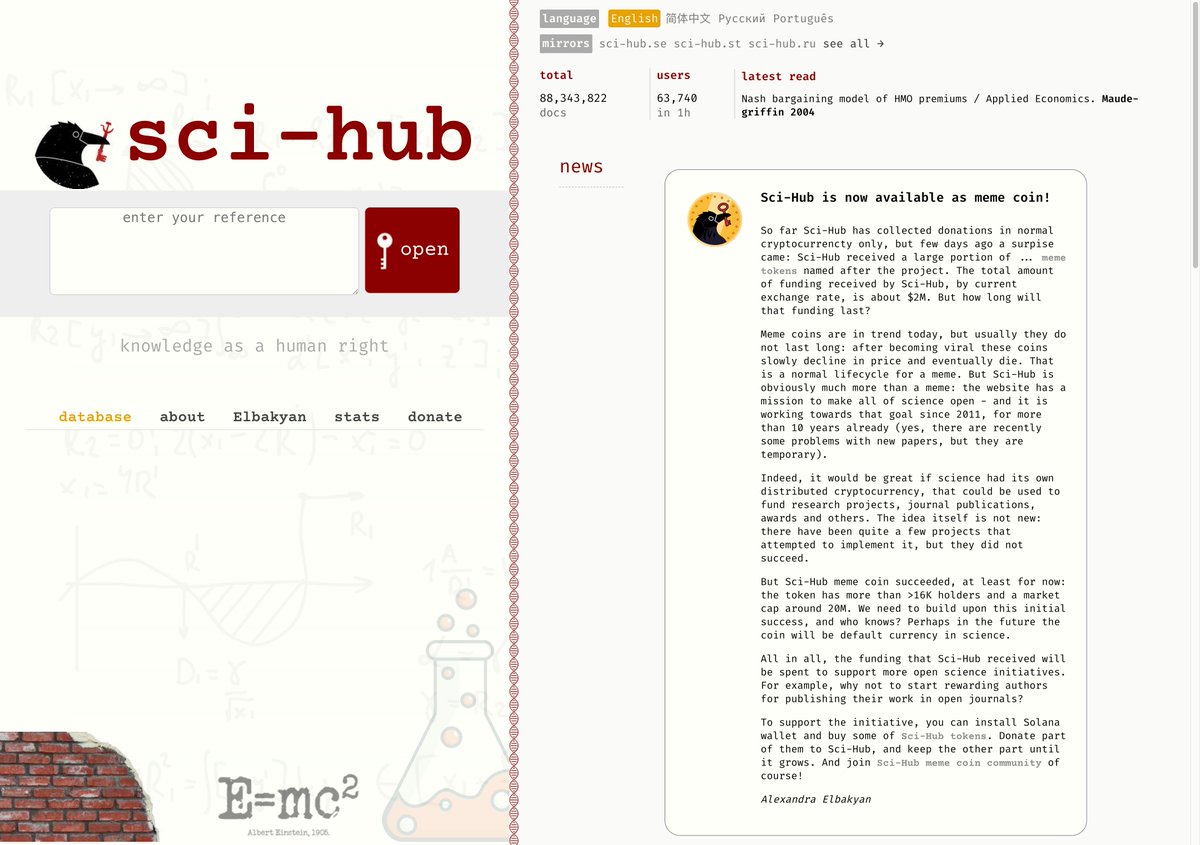 Breaking News!
$scihub has officially landed on the Sci-Hub.se homepage, reaching 80 million users worldwide!

"Sci-Hub is now available as meme coin!"

Supporting the freedom of knowledge and driving the revolution of open science, $scihub continues to make history!