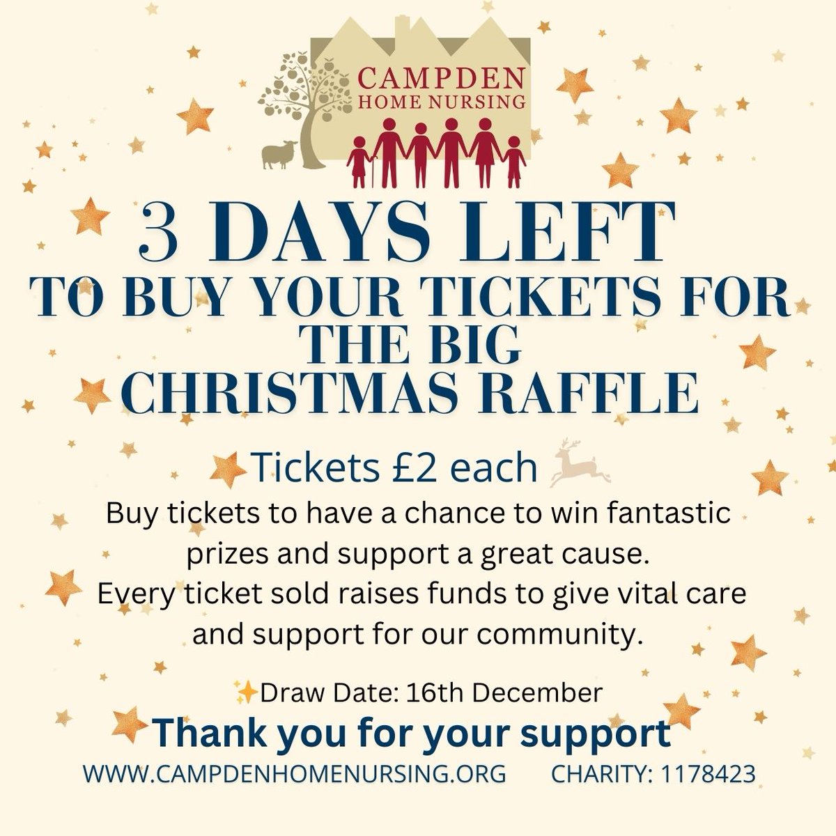 ⏳Only 3 days left to enter our Big Christmas Raffle! 
Prizes worth £2,000.   
Buy tickets online now bit.ly/49DKhP
Or visit our Charity Shop (High St) or Jecca’s House (Aston Rd) in Chipping Campden. 
Every ticket funds vital community care.  

#Cotswolds #Pershore