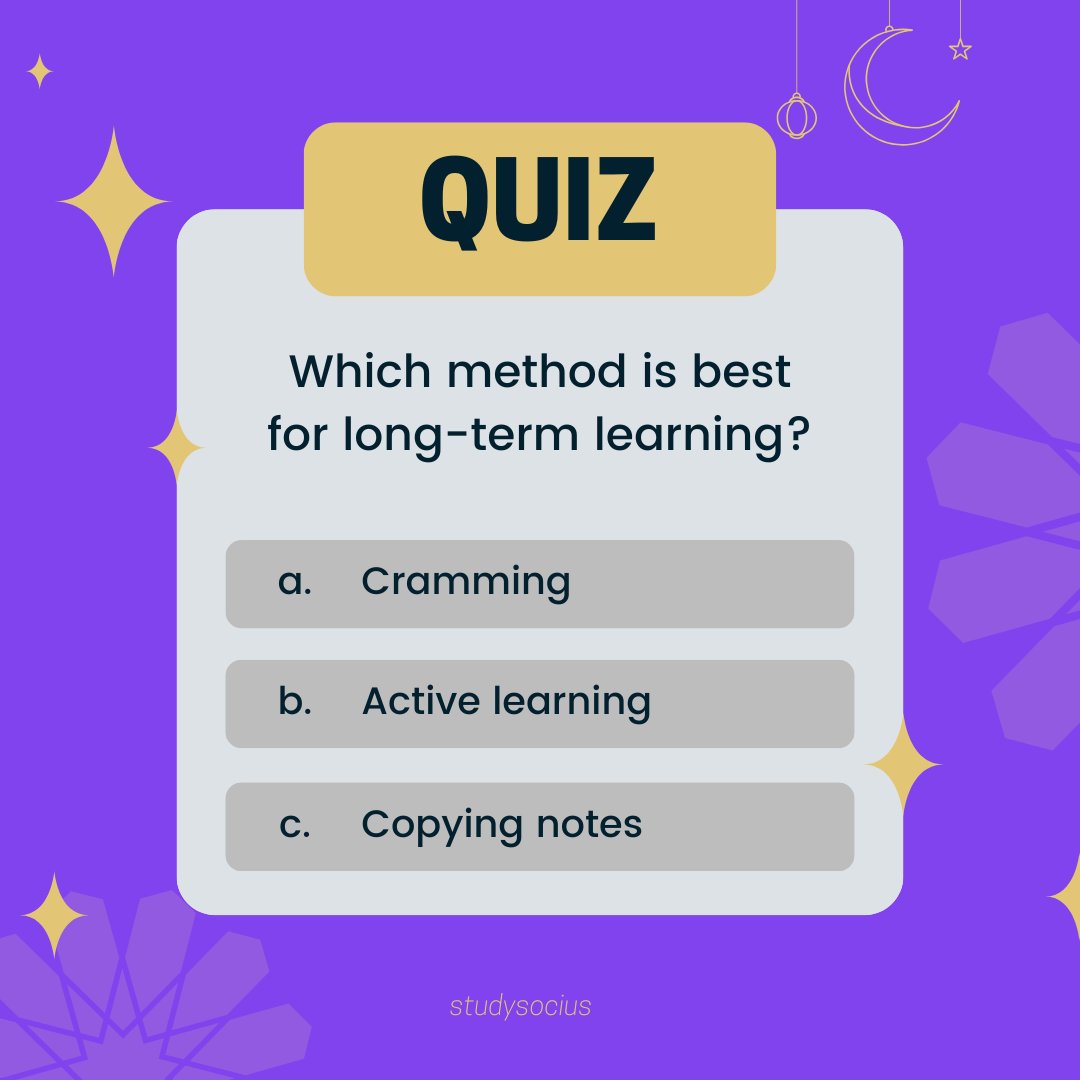 studysocius's tweet image. 🧠 Quiz time! What’s your go-to method for long-term learning? 🤔
We all have our tricks—what’s yours? Drop your answer below and let’s compare!
#LearningHacks #StudyTips #LongTermLearning #StudyMethods #KnowledgeIsPower