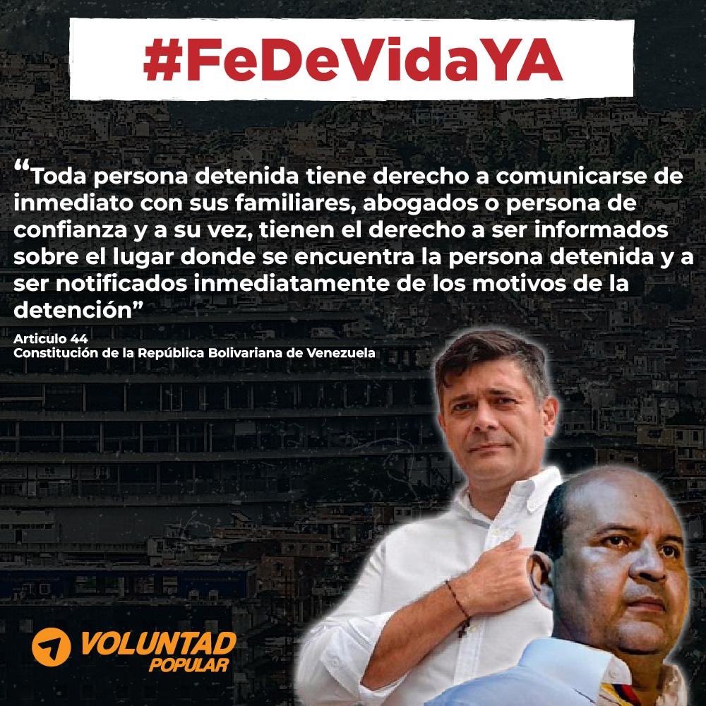 La dictadura de Maduro mantiene secuestrados a nuestros hermanos Roland Carreño y Freddy Superlano, así como a distintos líderes de las fuerzas democráticas.

A ninguno de ellos les han permitido ver a sus familiares ni abogados, violando sus derechos. 

¡Exigimos #FeDeVidaYA!