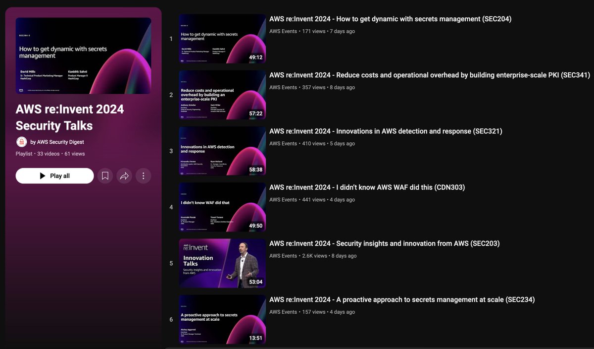 Clint Gibler (@clintgibler) on Twitter photo 📺 AWS re:Invent 2024 Security Talks
33 cloud security talks to up your game
Curated by <a href="/dagrz/">Daniel Grzelak</a>
youtube.com/playlist?list=… 📺 AWS re:Invent 2024 Security Talks
33 cloud security talks to up your game
Curated by <a href="/dagrz/">Daniel Grzelak</a>
youtube.com/playlist?list=…