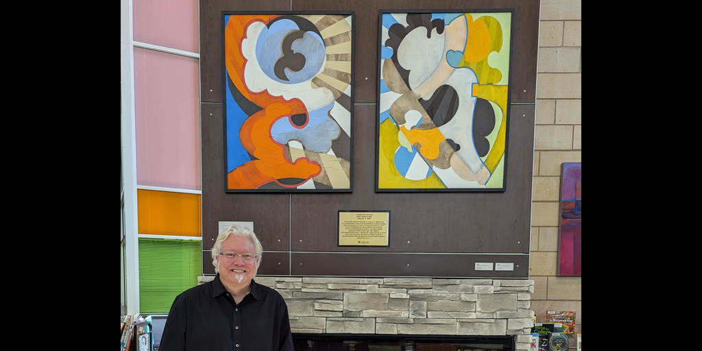 CenturyCollege's tweet photo. 🎨 New art! Our library got a splash of color with two new paintings from Neil Johnston, our incredible Art Program Director. Come see them in person! #CenturyCollege #ArtDonation #CollegeLibrary #SupportTheArts https://t.co/f4UcEcGVvD