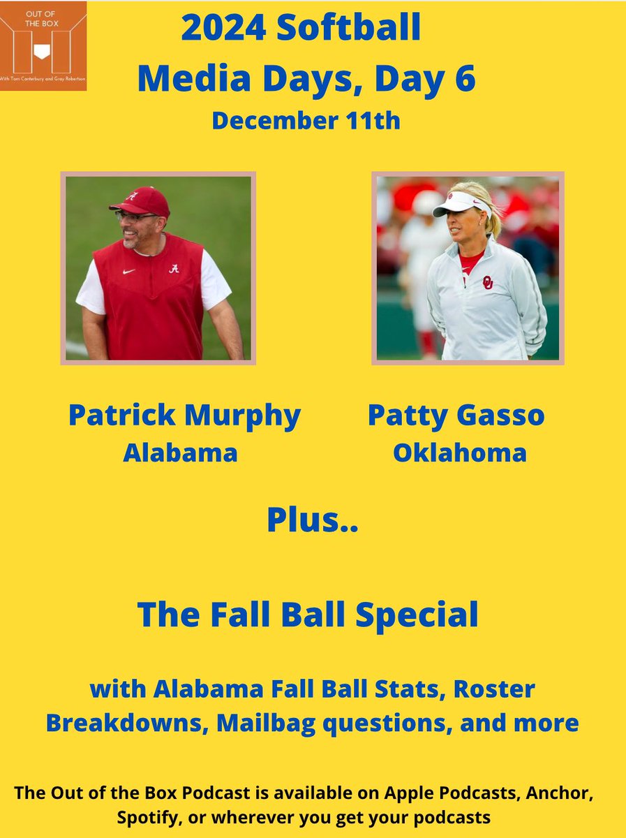 Out of the Box (@outofthebox_pod) on Twitter photo Finale Friday‼️
To close out 2024 Softball Media Days, Day 6 features a Hall of Fame slate.
The episode includes:
-Patrick Murphy, <a href="/AlabamaSB/">Alabama Softball</a>
-Patty Gasso, <a href="/OU_Softball/">Oklahoma Softball</a>
-The Fall Ball Special
Tune in!
Spotify: open.spotify.com/episode/0dkHrr…
Apple Podcasts: podcasts.apple.com/us/podcast/out… Finale Friday‼️
To close out 2024 Softball Media Days, Day 6 features a Hall of Fame slate.
The episode includes:
-Patrick Murphy, <a href="/AlabamaSB/">Alabama Softball</a>
-Patty Gasso, <a href="/OU_Softball/">Oklahoma Softball</a>
-The Fall Ball Special
Tune in!
Spotify: open.spotify.com/episode/0dkHrr…
Apple Podcasts: podcasts.apple.com/us/podcast/out…