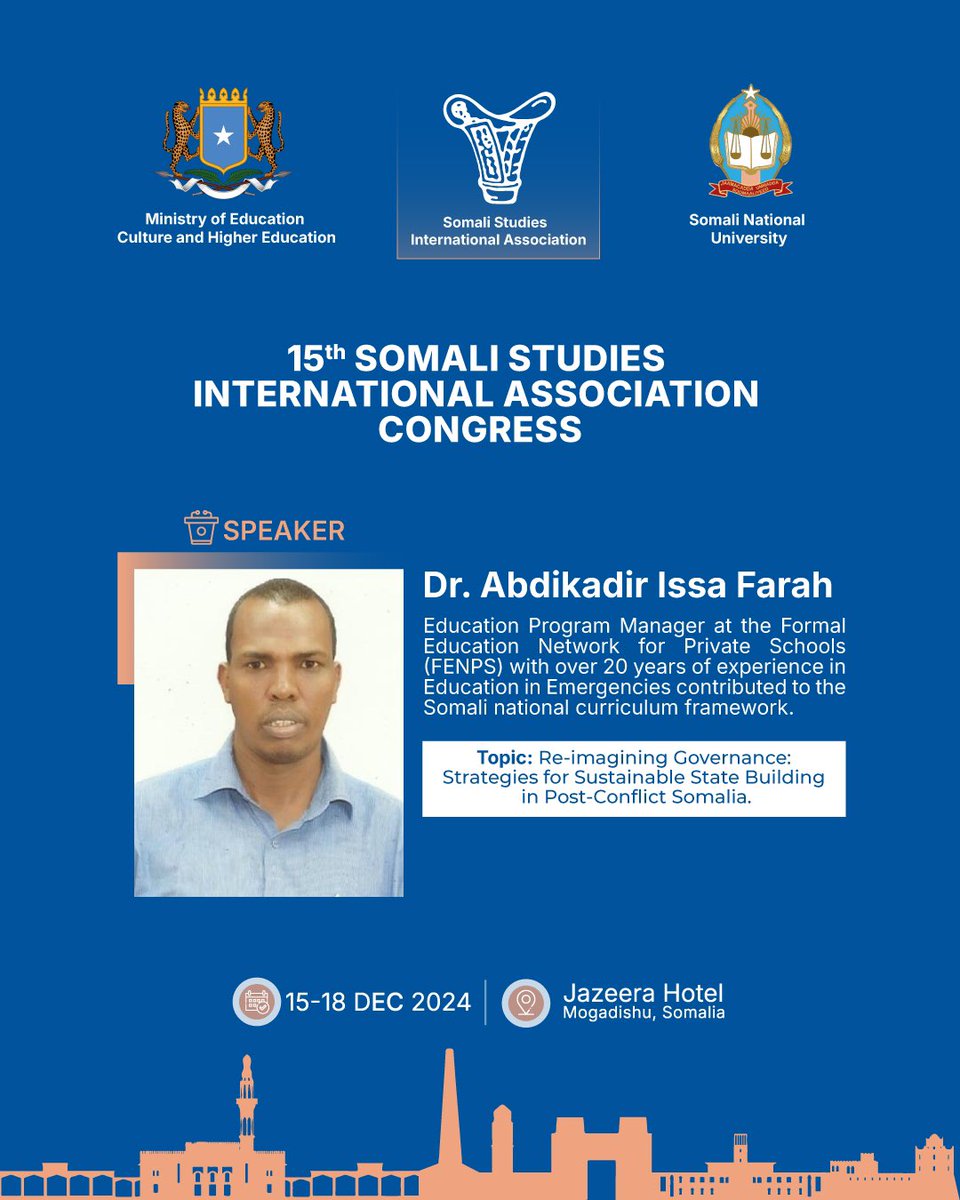 We are pleased to welcome Dr. Abdikadir Issa Farah to the 15th Somali Studies International Association Congress. Dr. Abdikadir will present his research paper titled Reimagining Governance: Strategies for Sustainable State-Building in Post-Conflict Somalia. #SSIA2024