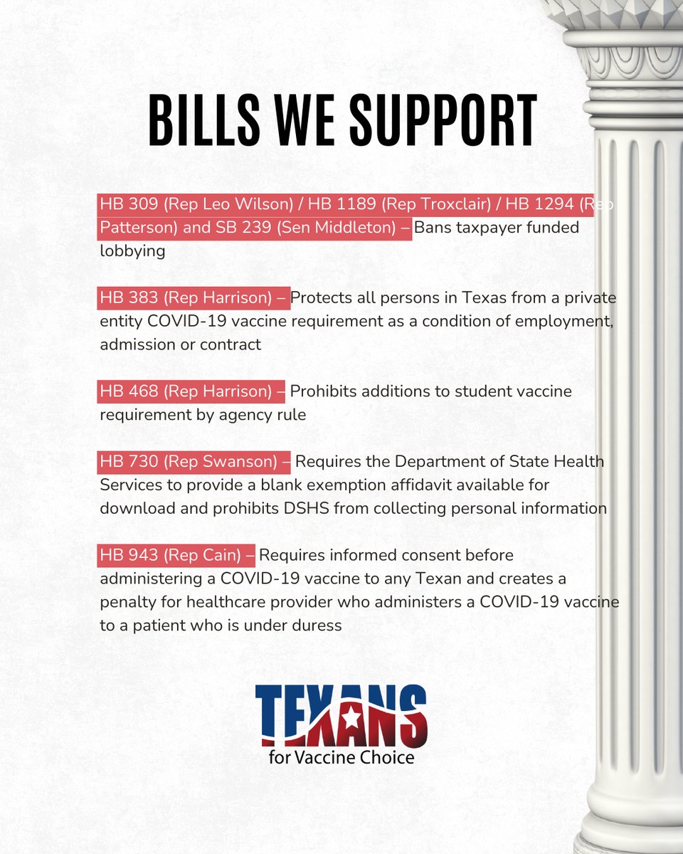 TXforVaxChoice's tweet photo. Thankfully, the list of bills we SUPPORT is much longer (so far)
It is imperative that every member of #TeamTFVC, from El Paso to Texarkana, is engaging with their representative and senator to ensure these bills pass. #txlege https://t.co/uda4CFYOcr