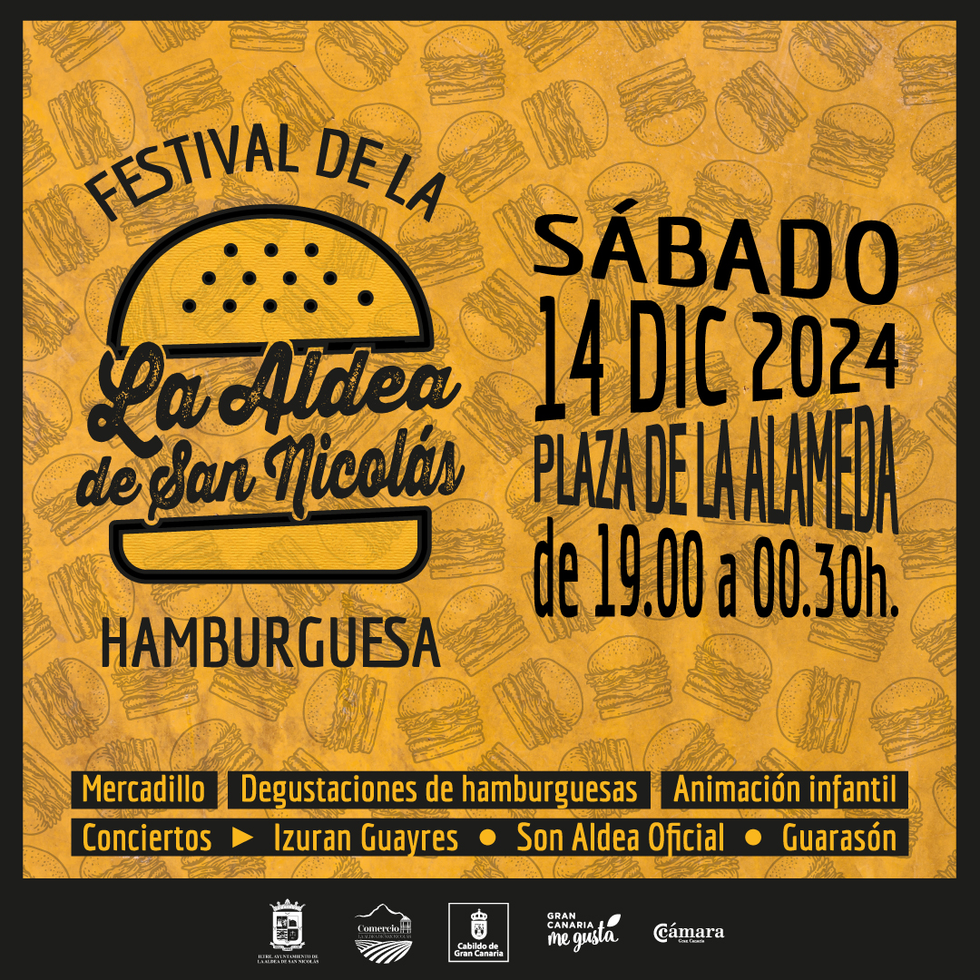 La Aldea de San Nicolás acoge este fin de semana el I Festival de la Hamburguesa 👏🏼 en la Plaza de La Alameda
¡Disfruta de las 🍔🍔🍔 de Pasta Y Gofio Trattoria La Aldea, El Monasterio y Hangry Birds, con las actuaciones de Izuran Guayres, Guarasón y Son Aldea (19:00-00:00 horas)