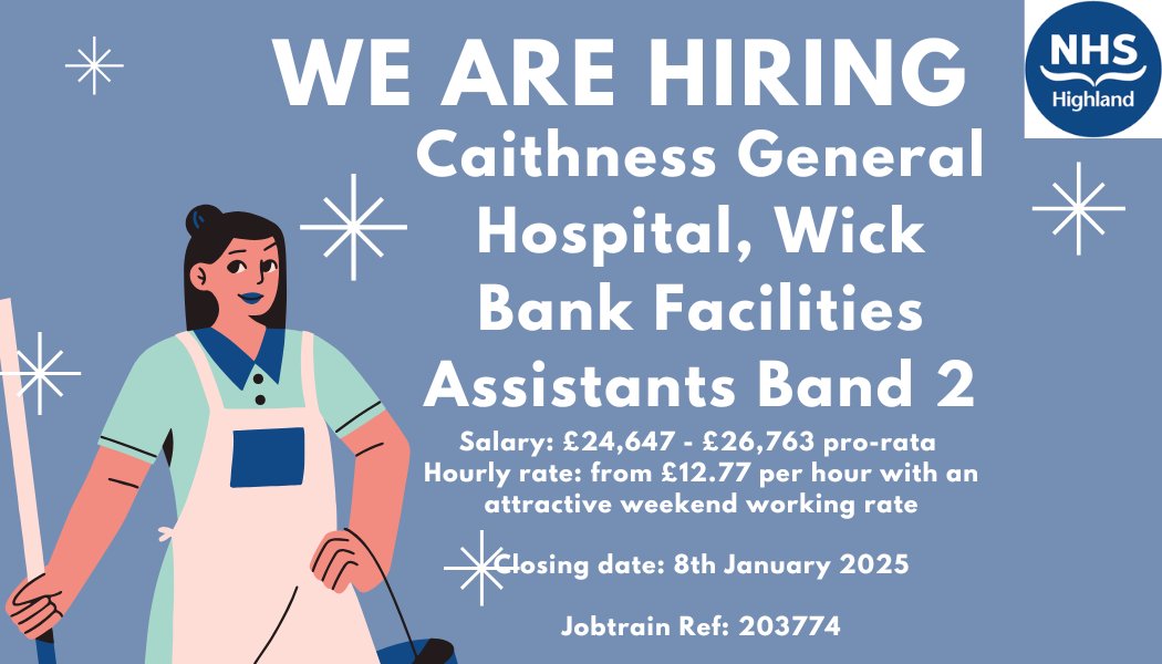 #nhshighland #vacancy

Exciting bank opportunities within our Facilities Team at Caithness General Hospital, Wick!

If you are interested, please follow the link below for further information and to apply.

Apply online via: apply.jobs.scot.nhs.uk/Job/JobDetail?…