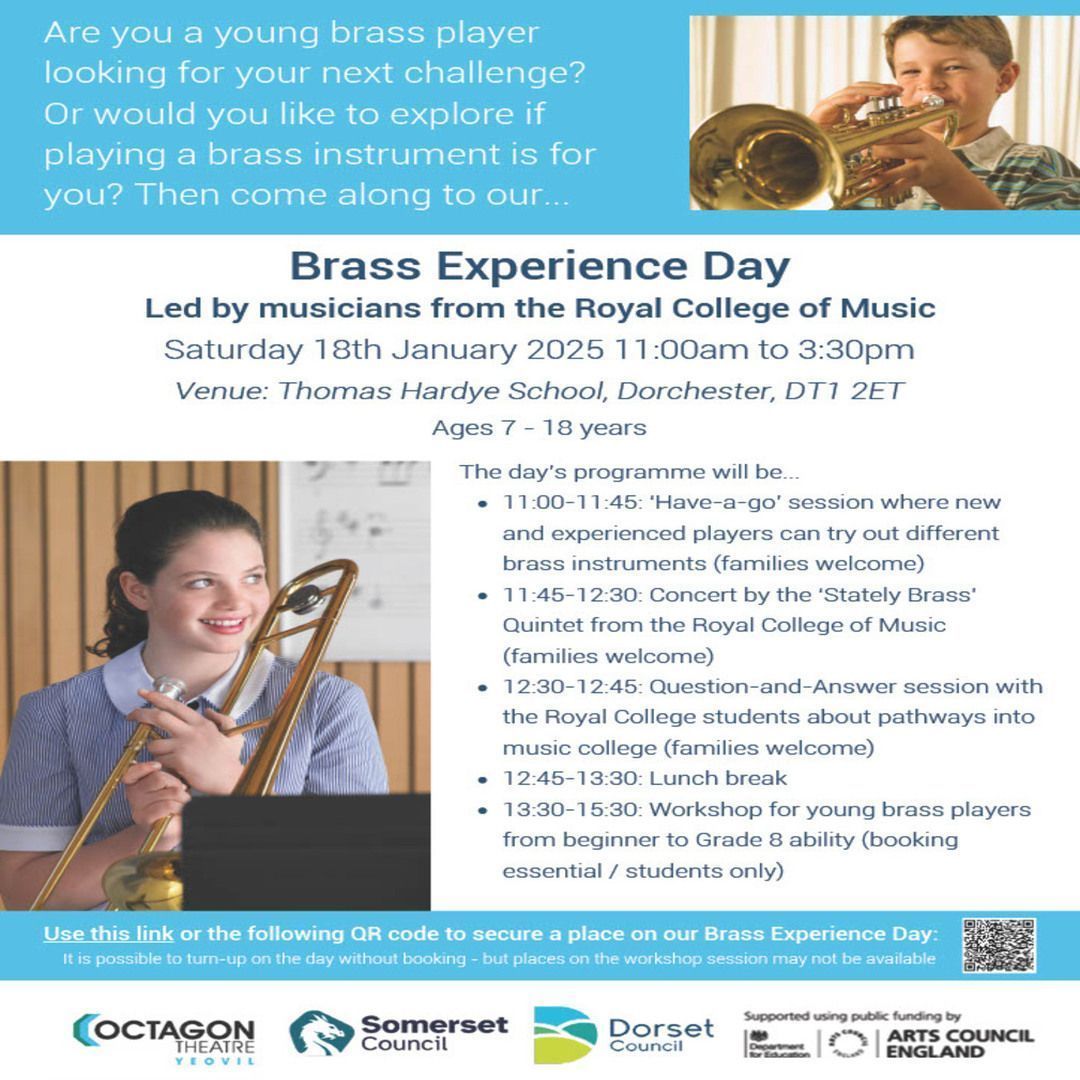 We're delighted to share an opportunity for young brass players aged 7-18 to work with a quintet from the Royal College of Music.
You're welcome to turn up on the day for the AM activities, with the PM workshops for brass students only. Please see the flyer or get in touch!