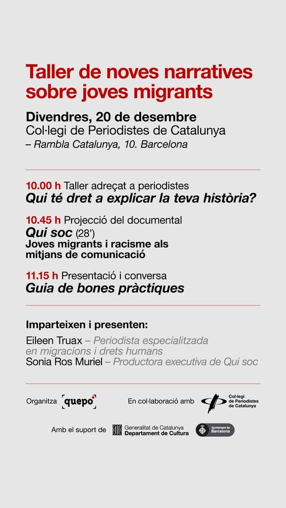 I això no és tot!🔎

Si ets periodista, aquesta és la teva:   20/12 al <a href="/periodistes_cat/">Col·legi de Periodistes de Catalunya</a> , projecció de Qui Sóc amb la periodista <a href="/EileenTruax/">✳️ Eileen Truax</a>  i amb la <a href="/soniarosm/">#NoOneIsIllegal</a>  de <a href="/quepo_org/">Quepo</a> .

Encara sou a temps d'inscriure-us!  👉  docs.google.com/forms/d/e/1FAI…