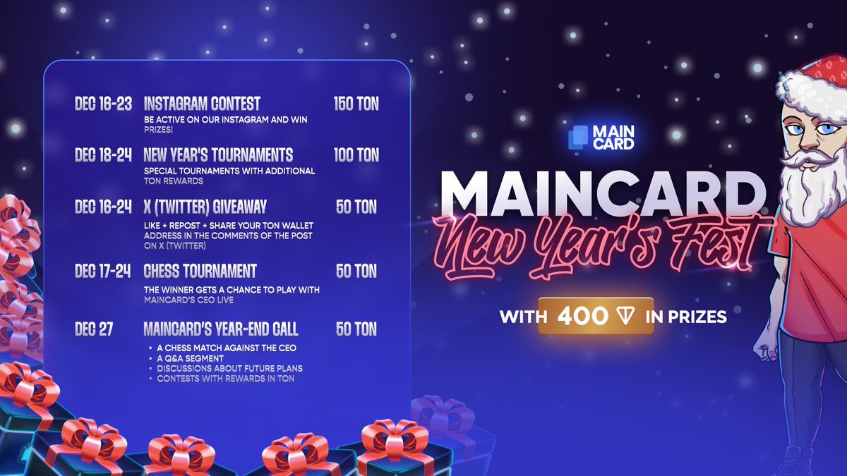 Get Ready for Maincard’s Big Year-End Contest! 🎉
As the year wraps up, Maincard has lined up a series of exciting events and incredible prizes to celebrate with our amazing community! Here's what’s coming your way:

🎁 1. Instagram Contest – 150 TON
🗓 December 16–23
Stay active