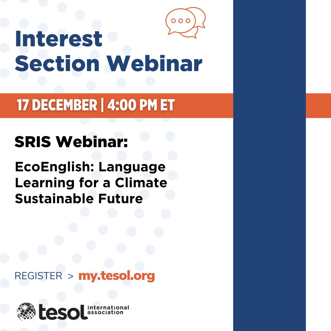 TESOL_Assn's tweet image. Join the Social Responsibility Interest Section for a FREE webinar on 17 December at 4:00 p.m. ET! More information here: bit.ly/41jfKV8 #TESOL #TESL #TEFL #ELT