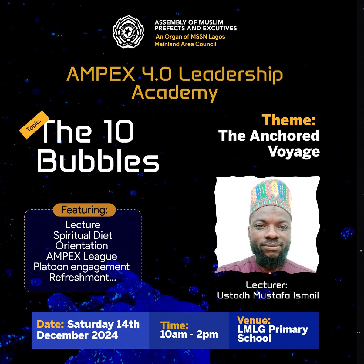 ampexlmac's tweet photo. Let's talk about the 10 Bubbles by our revered Ust Mustafa Ismail tomorrow, same venue, same time

AMPEX League continue, let's see which Platoon will win 🏆 the league.

#ampex #lmac #mssn #youthdevelopment #youthengagement #sdg4 #sdg10 #theanchoredvoyage #ALA4.0 #2024/2025 https://t.co/YrJknijDfT