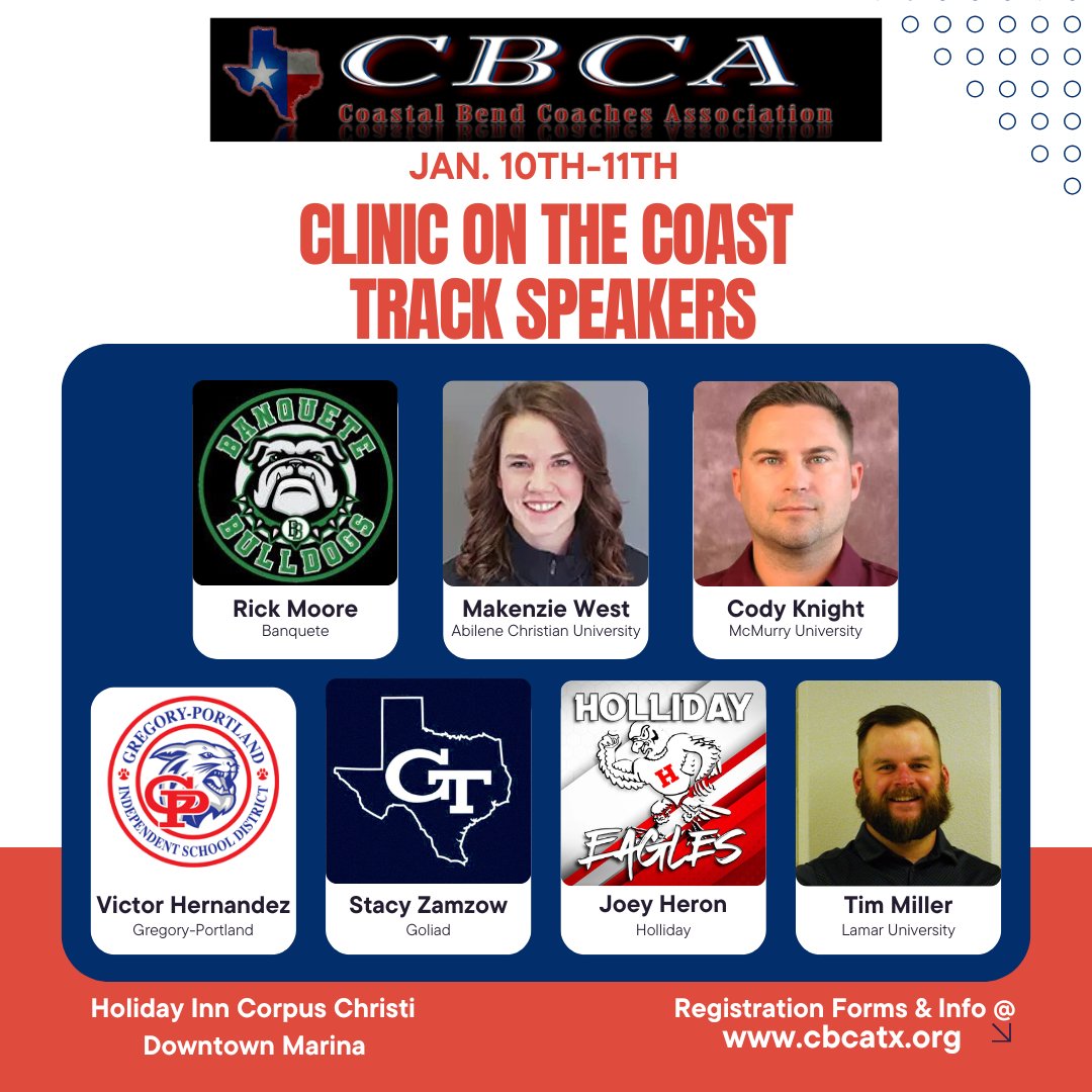 Coastal Bend Coaches Association (@cbcatx1) on Twitter photo One more thing......Track Coaches don't miss this line up! Visit cbcatx.org for registration information or register the day of the clinic. <a href="/Matt_Stepp817/">Matt Stepp</a> <a href="/ChrisThomasson7/">Chris Thomasson - KIII Sports</a> <a href="/LarissaLiska/">Larissa Liska</a> One more thing......Track Coaches don't miss this line up! Visit cbcatx.org for registration information or register the day of the clinic. <a href="/Matt_Stepp817/">Matt Stepp</a> <a href="/ChrisThomasson7/">Chris Thomasson - KIII Sports</a> <a href="/LarissaLiska/">Larissa Liska</a>