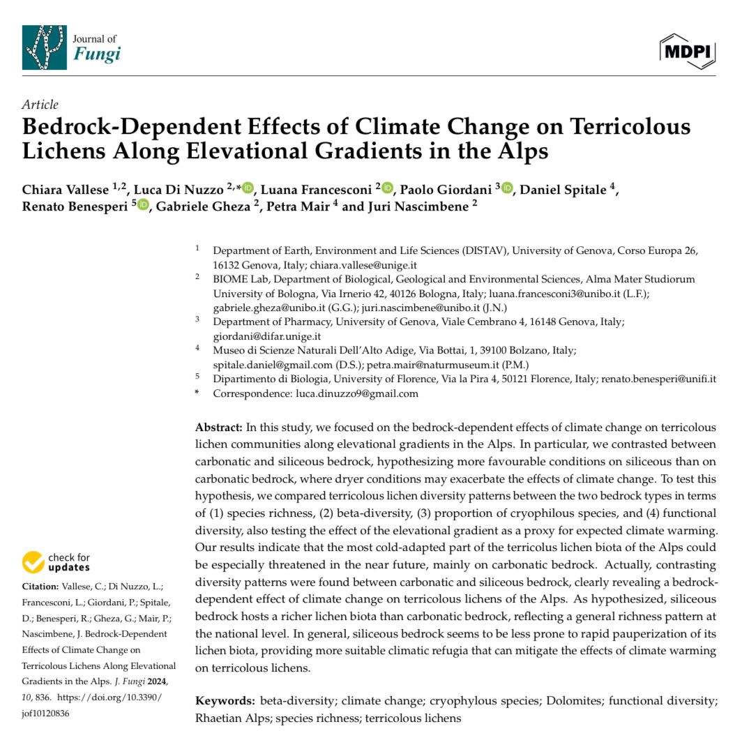 SLichenologica's tweet image. New paper published where Vallese et al. emphasize the critical role of substrate type in shaping #lichen #resilience to #EnvironmentalChanges.
doi.org/10.3390/jof101…
@UniboBiome @Unibo @ChivaNatuLic #Alps #SpeciesRichness #TerricolousLichens