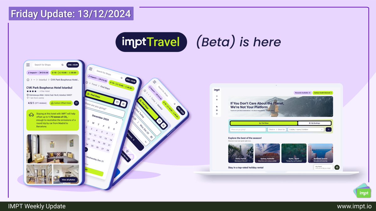 IMPT_token's tweet photo. IMPT Weekly Update – December 13th, 2024: IMPT Travel Beta Hours Away!
Thrilled to share exciting updates about IMPT’s vision for sustainable travel. Your enthusiasm and support have brought us closer to transforming travel responsibly. #IMPTUpdate https://t.co/mQrMSgN4mX