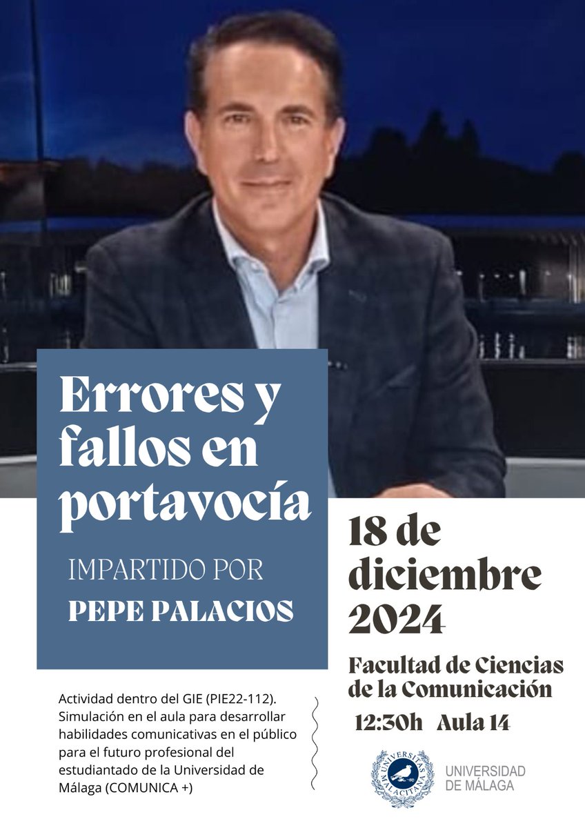 El próximo 18 de diciembre , en el aula 14 en la @comunifac de la @infouma de Málaga, el comunicador <a href="/pepepalaciostv/">Pepe Palacios</a>  impartirá la charla "Fallos y errores en Portavocía", dentro del Proyecto de Innovación Educativa Comunica+