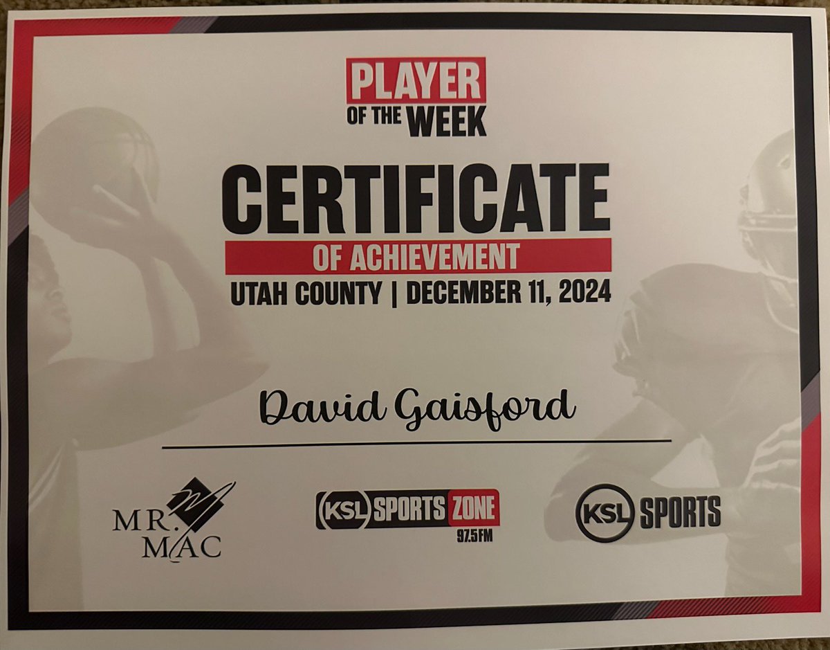 Congratulations to David Gaisford for being honored tonight at the KSL Player of the Week Awards Banquet for his Week 3 performance against West!
