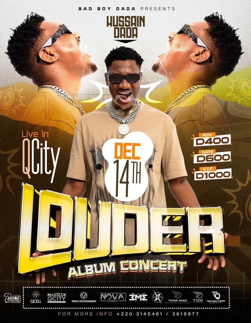 HUSSAIN DADA LOUDER ALBUM CONCERT FREE TICKETS GIVEAWAY!🎫🎉 <a href="/hussain_dada1/">Hussain Dada</a> 

To qualify:
✅Like this post
✅Follow our page <a href="/jallowmarketing/">Jallow Marketing</a> 
✅Tag 3 friends to this post 
✅Repost this post 

#JallowMarketing #Maryland #gambia
#giveaway #tickets #marketing #business