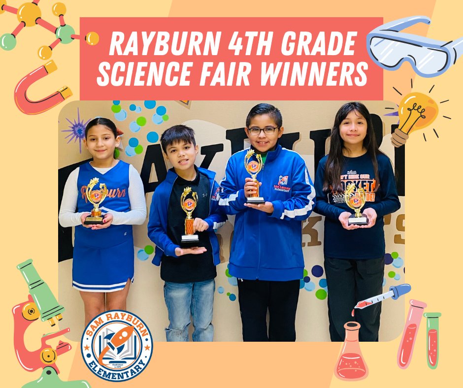 Rockets120's tweet image. 🎉 Huge congrats to the winners of our Rayburn Science Fair from each grade level! 🏆 Your hard work, creativity, and dedication to science are inspiring. 🌟 We&apos;re so proud of all our students for making this event a success! 🧪✨ #RayburnPride #ScienceStars @McAllenISD