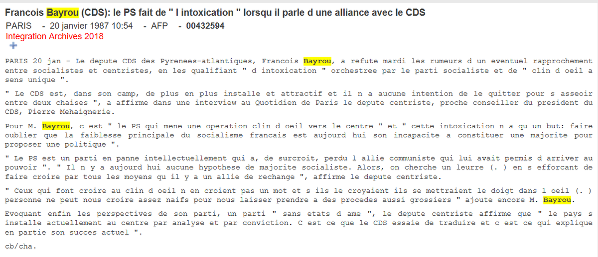 Bayrou pas chaud du tout pour se rapprocher du PS, "un parti en panne intellectuellement" (en 1987)