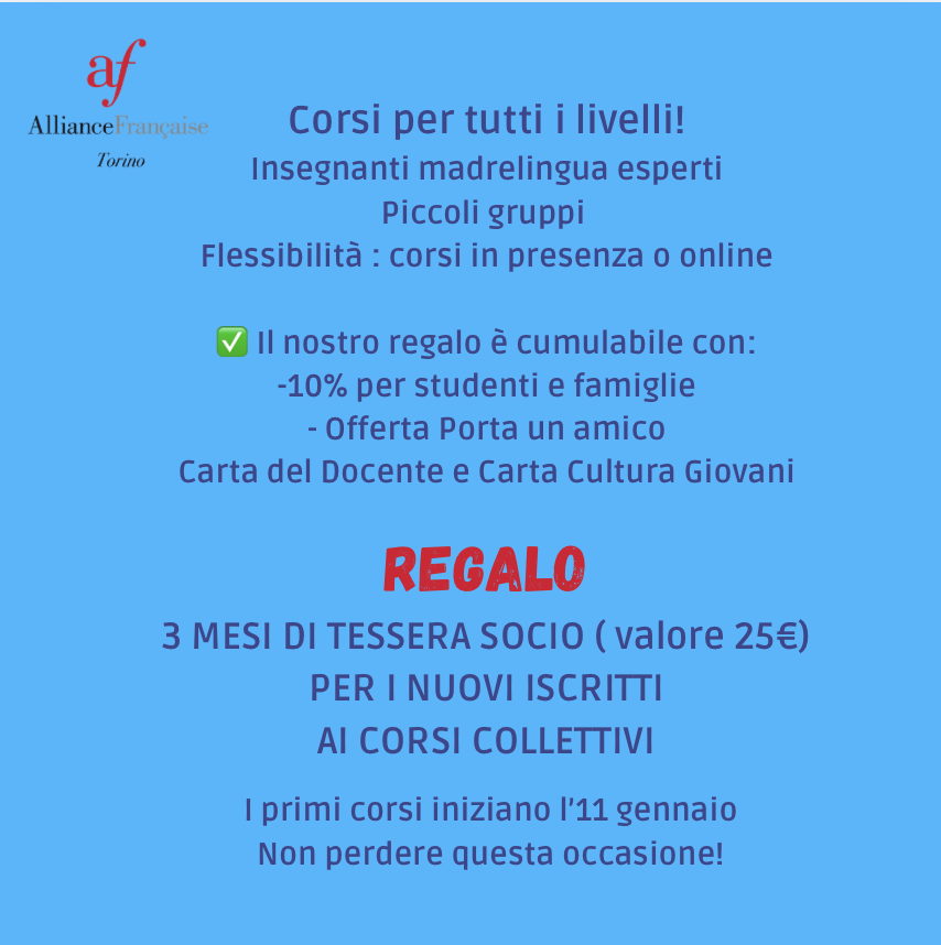 AF_Torino's tweet photo. 🎄 Natale si avvicina… e il regalo te lo facciamo noi!
🎁 13-20 dicembre 👉 Se ti iscrivi per la prima volta ai nostri corsi collettivi, ti regaliamo una TESSERA SOCI TRIMESTRALE! (E sì, è cumulabile con altre promozioni! ).
https://t.co/HR8tad6Dh1
📧  corsi@alliancefrto.it https://t.co/wtm9S9Vuxr