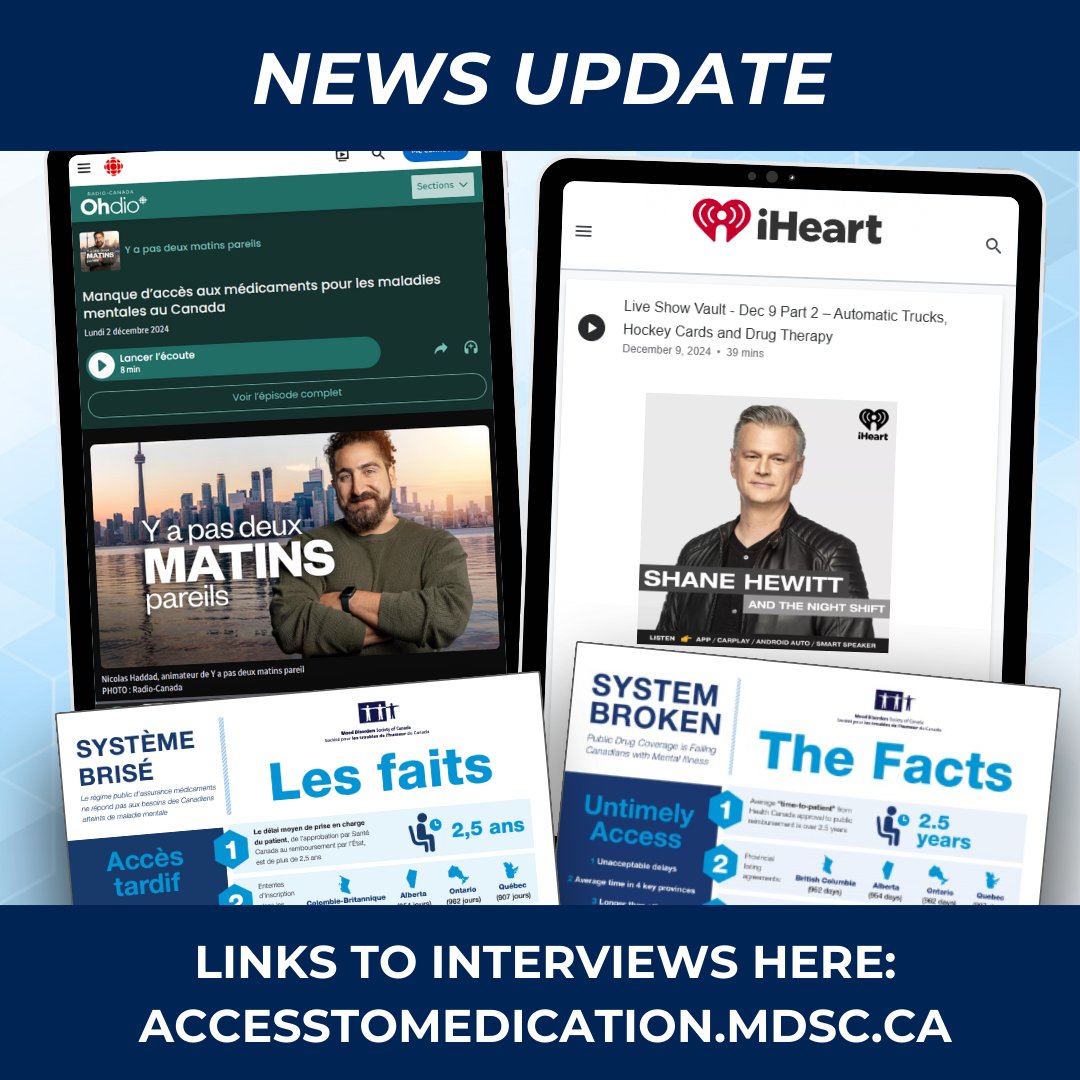 MoodDisordersCa's tweet image. Dr. Blier speaks to CBC Radio Canada show, Y&apos;a pas deux matins pareils, and Dr. Khullar shares with iHeart Radio&apos;s Shane Hewitt what access to medications for mental illnesses means for Canadians.

Links to interviews here: AccessToMedication.mdsc.ca

#SystemBroken #MentalHealth