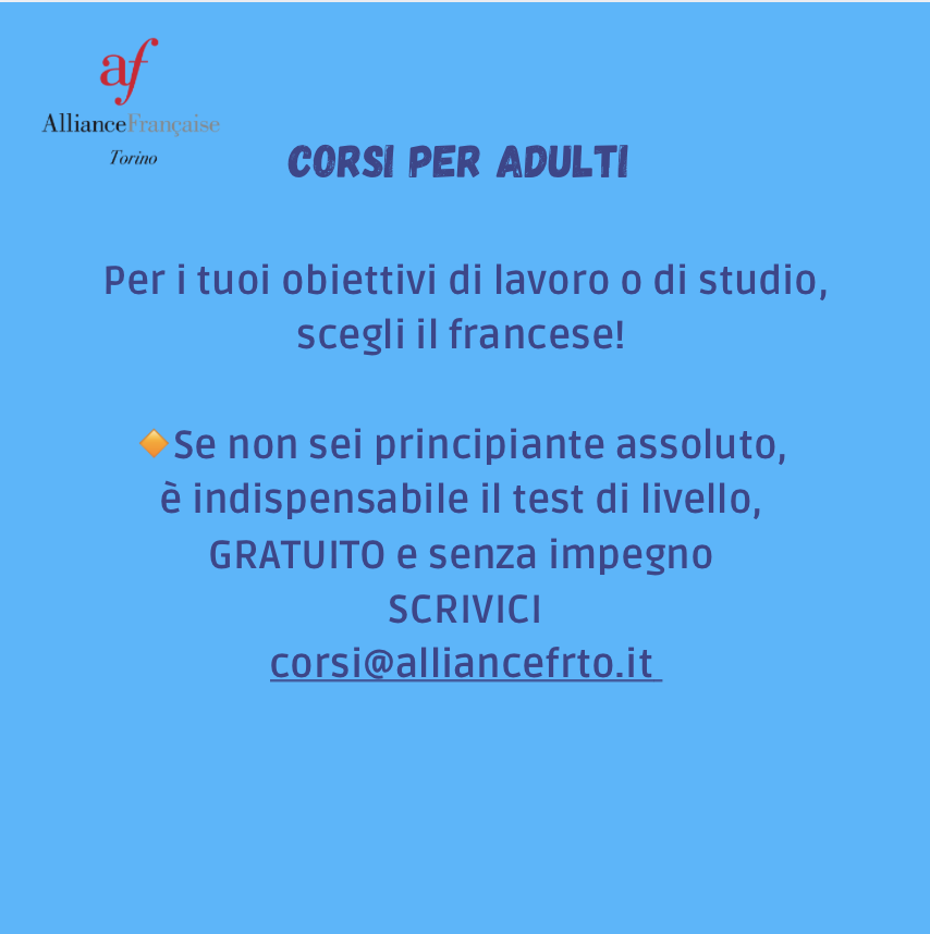 🎄 Natale si avvicina… e il regalo te lo facciamo noi!
🎁 13-20 dicembre 👉 Se ti iscrivi per la prima volta ai nostri corsi collettivi, ti regaliamo una TESSERA SOCI TRIMESTRALE! (E sì, è cumulabile con altre promozioni! ).
alliancefrto.it/nuovi-corsi/
📧  corsi@alliancefrto.it