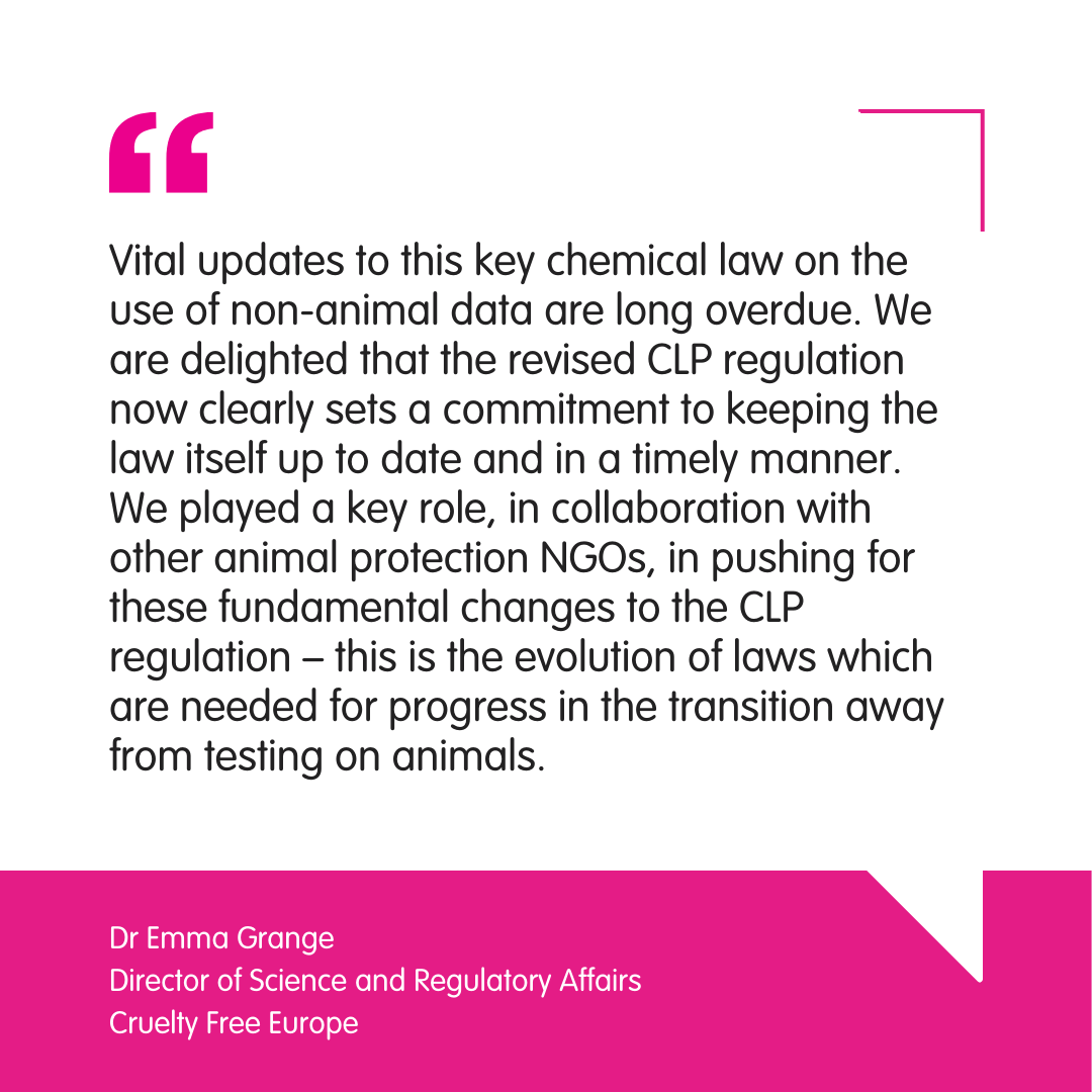 The use of non-animal methods for chemical safety testing could increase, following the revised version of Europe's Classification, Labelling and Packaging (CLP) regulation, which came into effect on Tuesday 10 December. #CrueltyFreeEU

Learn more: bit.ly/4gc4Ll2