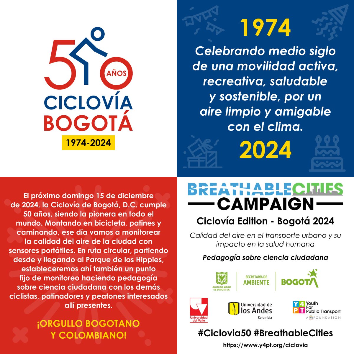 daperezro's tweet photo. Invitadísimxs a sumarse este domingo 15 a la campaña #BreathableCities que realizaremos en conjunto @Uniandes, @UnivalleCol, @Ambientebogota, @Y4PT-@UITPnews, y otros aliados, en el marco de la #Ciclovía50 @Bogota🎉

⏰08:00 a.m.
📌Parque de los Hippies
🔗https://t.co/GFUv5IuKc9 https://t.co/lX9KyjONQw