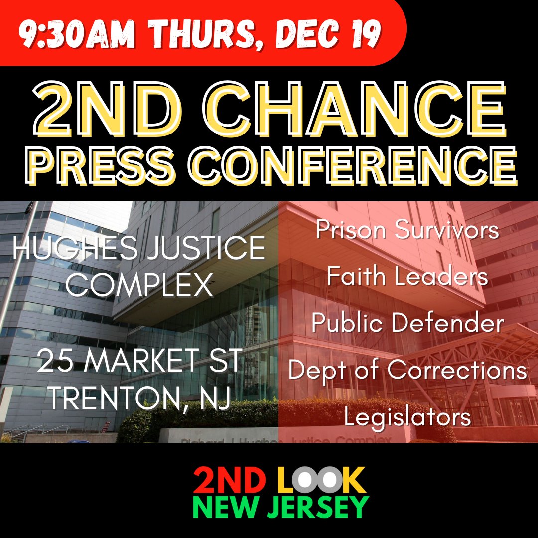 2ndlooknj's tweet photo. Join us on December 19 at 9:30am for a press conference calling for sentencing relief on behalf of incarcerated senior citizens.

Everyone deserves a second chance, and S2338/A4463 will offer that much needed opportunity to hundreds of our imprisoned elders. https://t.co/S2PuT30NV0