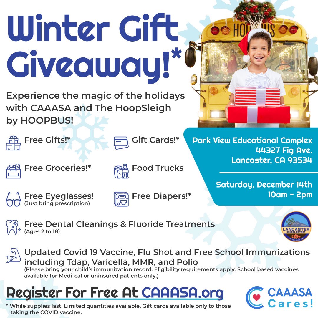 theCAAASA's tweet image. Join us TOMORROW ❄️ for a FREE giveaway by CAAASA Cares and the Lancaster School District! We will be providing toys, diapers, groceries, dental cleanings, and COVID-19/immunization/flu shots. Be sure to register at caaasa.org. #CAAASACares