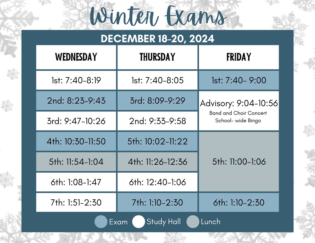 Attached is the winter exam schedule. Keep working hard as the semester comes to a close and those grades are finalized! If you have any questions, please reach out to a teacher.