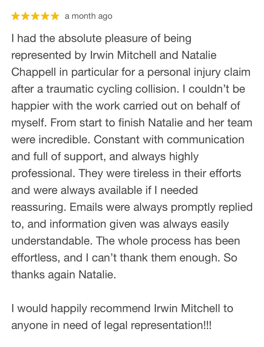 IM_Abigaill's tweet photo. Some of our recent amazing 5-star google reviews for SIResolve. 

Well done team!⭐️

#SIResolve #irwinmitchell #seriousinjury #clientcare https://t.co/BzGUVRv9bD