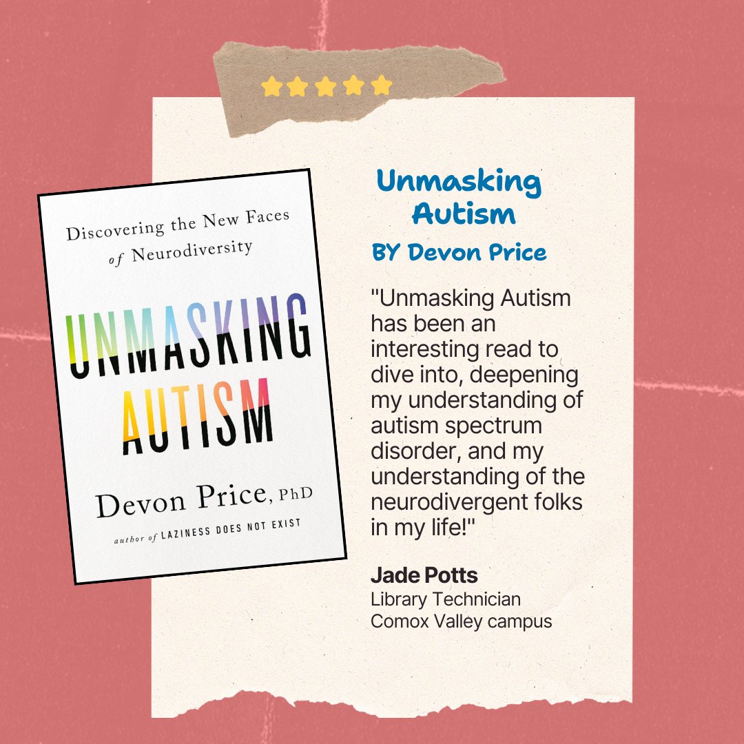 nic_library's tweet photo. Our current staff pick is 'Unmasking Autism: Discovering the New Faces of Neurodiversity' 🦄recommended by our Library Tech Jade Potts at the Comox Valley campus. 📖
#RecommendedReads #NorthIslandCollege https://t.co/qFhxOhSz5k